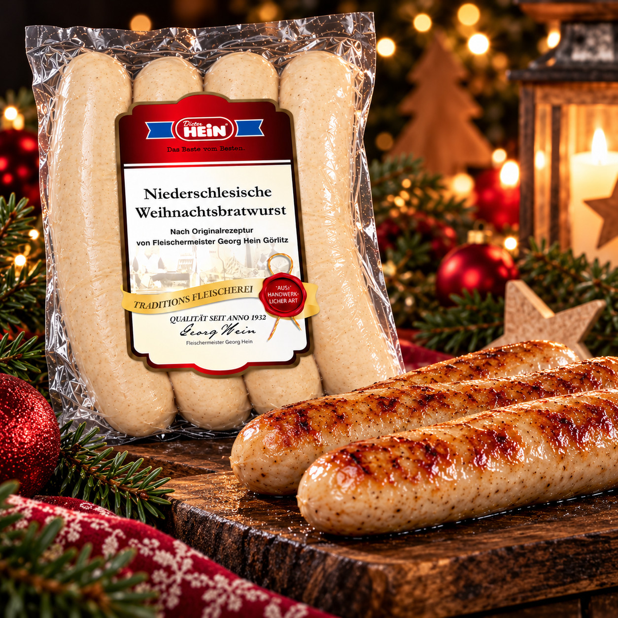 Niederschlesische Weihnachtsbratwurst von Dieter Hein mit gebratenen Würsten als festliche Servieridee